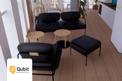 Espace détente pour QUBIT en 3D avec fauteuils et canapé éco-conçus